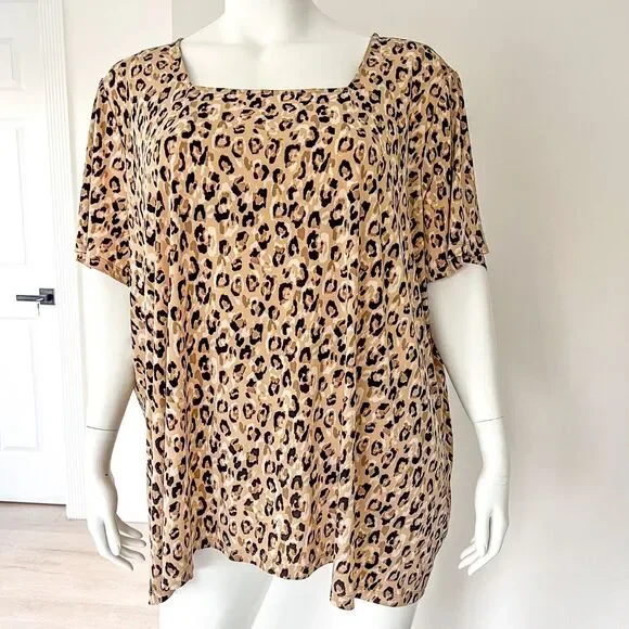 Susan Graver Womens Plus 5X Leopard Print Liquid Knit Tunic Top Square Neck - Picture 1 of 7